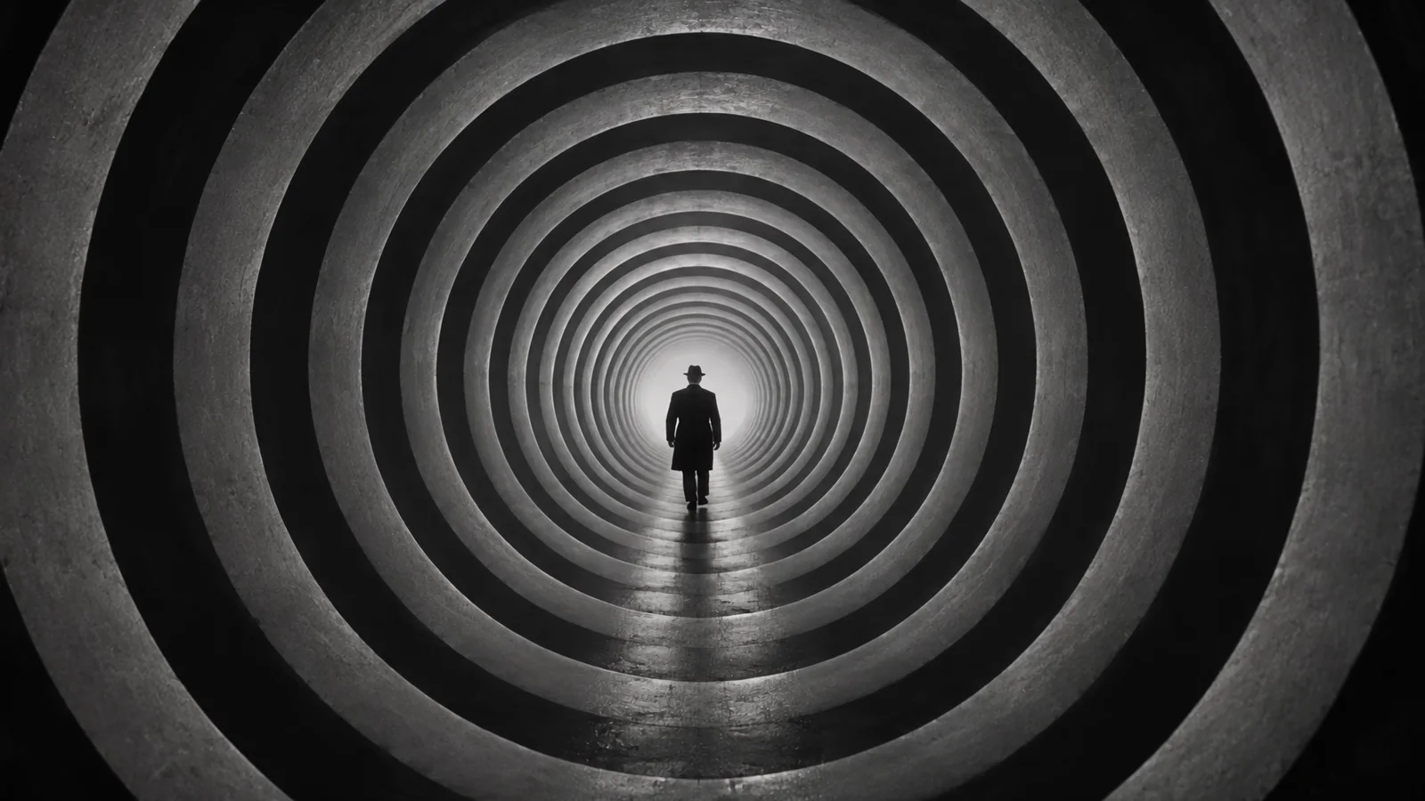 A lone figure inside the concentric tunnel of HYPNOSIS